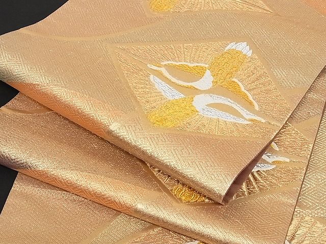 平和屋着物■六通柄袋帯 唐織 双鶴菱文 金糸 正絹 逸品 B-jd1529