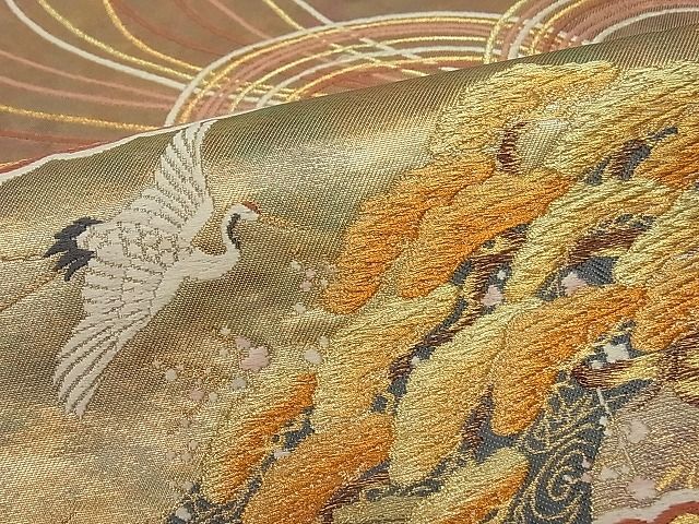 平和屋着物■六通太鼓柄袋帯 唐織 檜扇飛鶴花松文 金糸 逸品 CAAB1933rv
