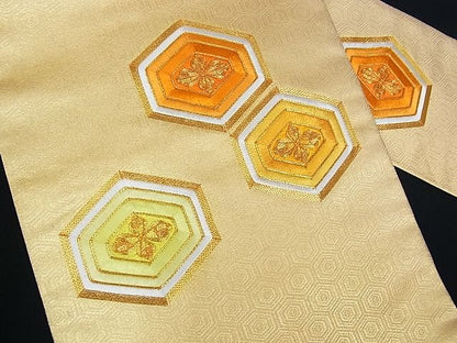 平和屋着物■九寸名古屋帯　駒刺繍　亀甲花文　金糸　正絹　逸品　A-uw2428