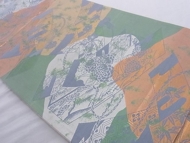 平和屋着物■六通柄袋帯 短冊花文 引箔 正絹 逸品 A-az5858