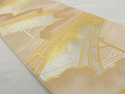 平和屋着物■六通柄袋帯 渡橋風景文 金銀糸 正絹 逸品 A-gk014