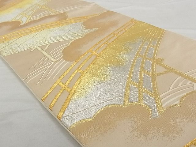 平和屋着物■六通柄袋帯 渡橋風景文 金銀糸 正絹 逸品 A-gk014
