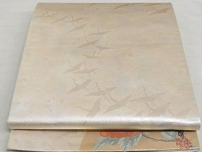 平和屋着物■全通柄袋帯　飛鶴文　ワンポイント　草花　引箔　正絹　逸品　A-gk040