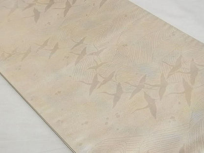 平和屋着物■全通柄袋帯　飛鶴文　ワンポイント　草花　引箔　正絹　逸品　A-gk040