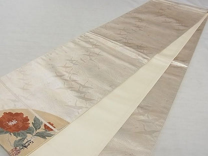 平和屋着物■全通柄袋帯　飛鶴文　ワンポイント　草花　引箔　正絹　逸品　A-gk040