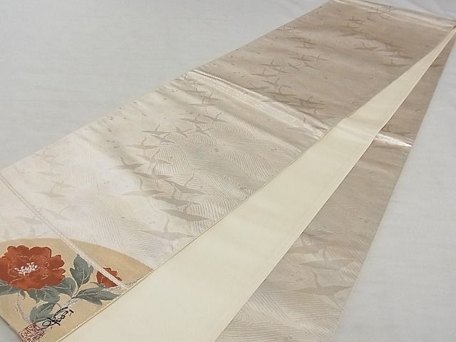 平和屋着物■全通柄袋帯　飛鶴文　ワンポイント　草花　引箔　正絹　逸品　A-gk040