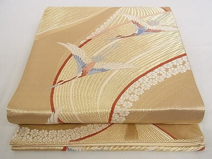 平和屋着物■六通柄袋帯 唐織 飛鶴花文 金糸 正絹 逸品 A-pf5103