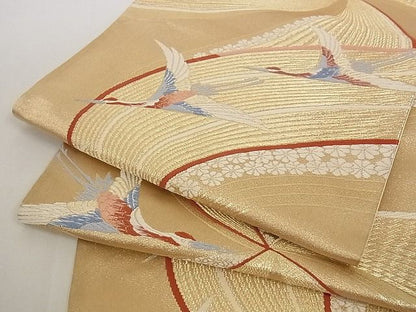 平和屋着物■六通柄袋帯 唐織 飛鶴花文 金糸 正絹 逸品 A-pf5103