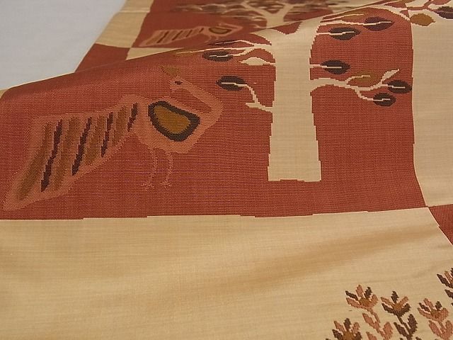 平和屋着物■六通柄袋帯 枝葉文 鳥 正絹 逸品 A-pf5152