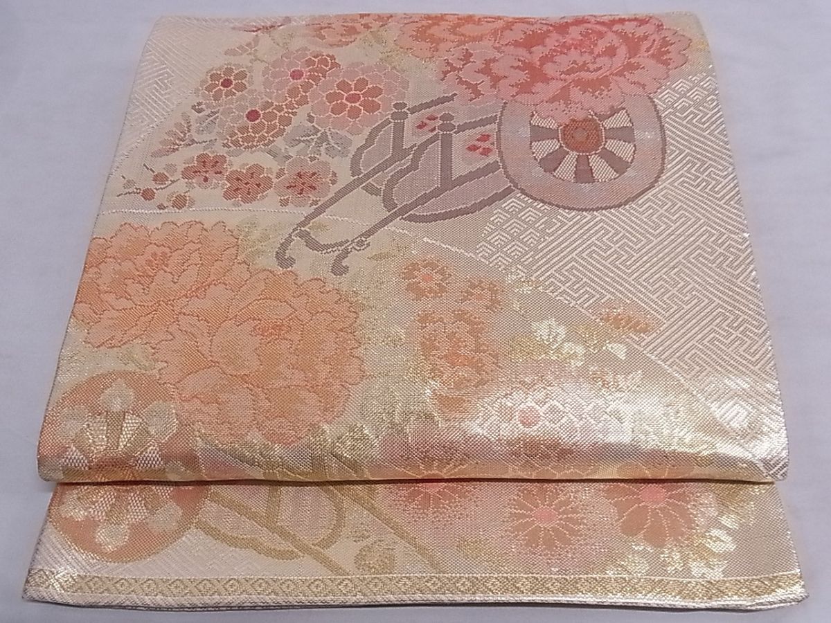 平和屋着物■佐賀錦 六通柄袋帯 花車文 金糸 正絹 逸品 A-sx7222