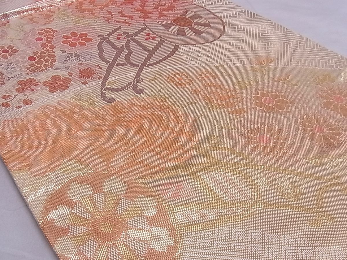 平和屋着物■佐賀錦 六通柄袋帯 花車文 金糸 正絹 逸品 A-sx7222