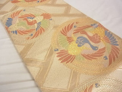 平和屋着物■六通柄袋帯 有職孔雀丸文 金糸 正絹 逸品 A-ta6836