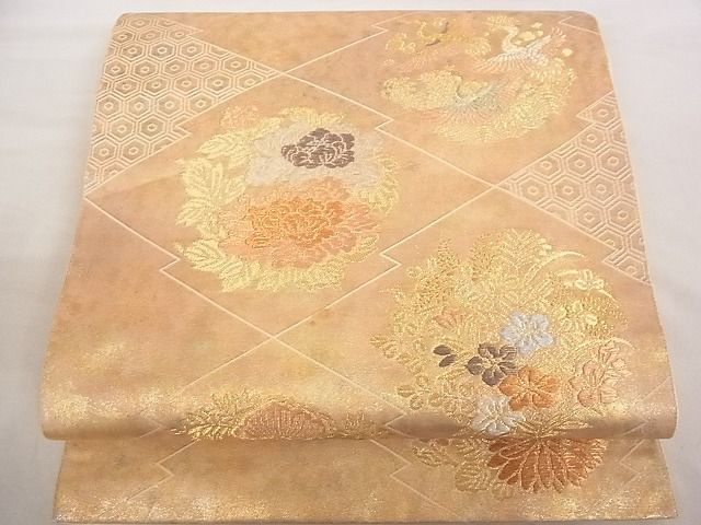 平和屋着物■六通柄袋帯 寿煌金彩錦 松皮菱花文 鶴 金糸 引箔 正絹 逸品 A-ta6862