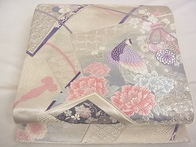 平和屋着物■六通柄袋帯　プラチナ箔二重織　色紙重ね花鳥文　銀糸　正絹　逸品　A-ta6909