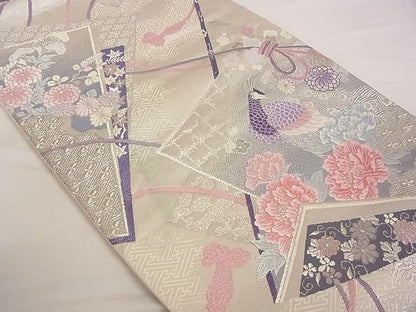 平和屋着物■六通柄袋帯　プラチナ箔二重織　色紙重ね花鳥文　銀糸　正絹　逸品　A-ta6909