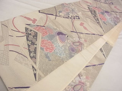 平和屋着物■六通柄袋帯　プラチナ箔二重織　色紙重ね花鳥文　銀糸　正絹　逸品　A-ta6909