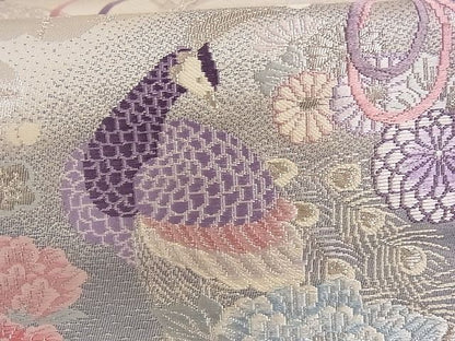 平和屋着物■六通柄袋帯　プラチナ箔二重織　色紙重ね花鳥文　銀糸　正絹　逸品　A-ta6909