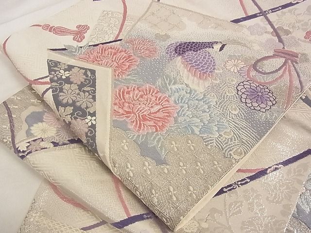 平和屋着物■六通柄袋帯　プラチナ箔二重織　色紙重ね花鳥文　銀糸　正絹　逸品　A-ta6909
