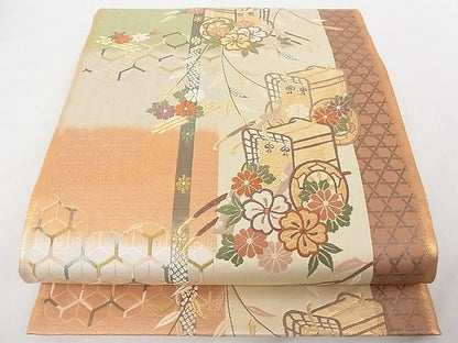 平和屋着物■六通柄袋帯 唐織 御所車花文 金糸 正絹 逸品 A-tn2868