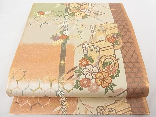 平和屋着物■六通柄袋帯 唐織 御所車花文 金糸 正絹 逸品 A-tn2868