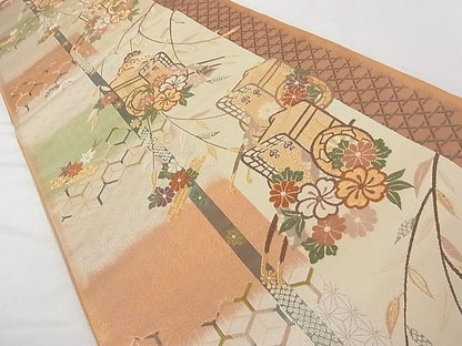 平和屋着物■六通柄袋帯 唐織 御所車花文 金糸 正絹 逸品 A-tn2868