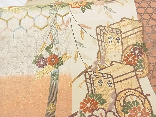 平和屋着物■六通柄袋帯 唐織 御所車花文 金糸 正絹 逸品 A-tn2868