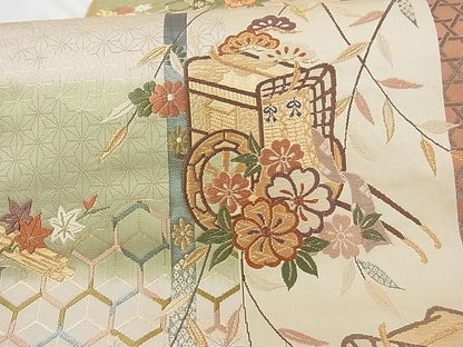 平和屋着物■六通柄袋帯 唐織 御所車花文 金糸 正絹 逸品 A-tn2868