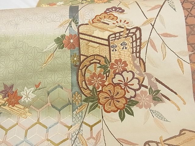 平和屋着物■六通柄袋帯 唐織 御所車花文 金糸 正絹 逸品 A-tn2868