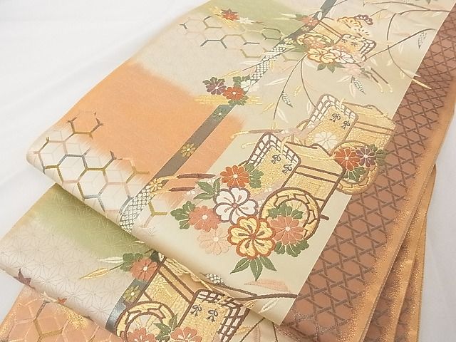 平和屋着物■六通柄袋帯 唐織 御所車花文 金糸 正絹 逸品 A-tn2868