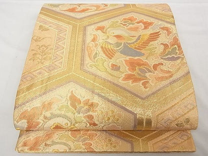 平和屋着物■佐賀錦 六通柄袋帯 花喰い鴛鴦亀甲文 金糸 正絹 逸品 A-tn2917