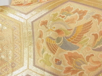 平和屋着物■佐賀錦 六通柄袋帯 花喰い鴛鴦亀甲文 金糸 正絹 逸品 A-tn2917
