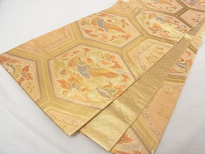 平和屋着物■佐賀錦 六通柄袋帯 花喰い鴛鴦亀甲文 金糸 正絹 逸品 A-tn2917