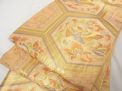 平和屋着物■佐賀錦 六通柄袋帯 花喰い鴛鴦亀甲文 金糸 正絹 逸品 A-tn2917