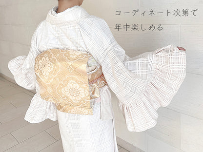 平和屋本店●極上　小紋　チュールレース袷　フリル袖　格子　アイボリー　洗える着物　逸品　新品　MAAA0031mg