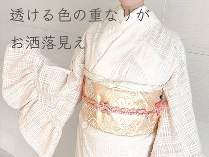 平和屋本店●極上　小紋　チュールレース袷　フリル袖　格子　アイボリー　洗える着物　逸品　新品　MAAA0031mg