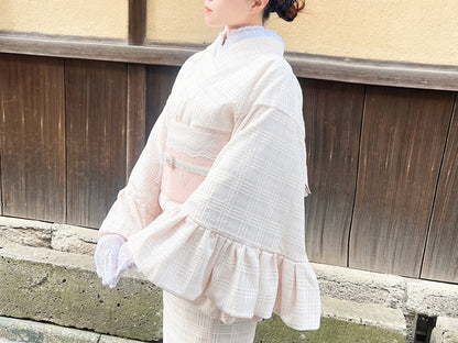 平和屋本店●極上　小紋　チュールレース袷　フリル袖　格子　アイボリー　洗える着物　逸品　新品　MAAA0031mg