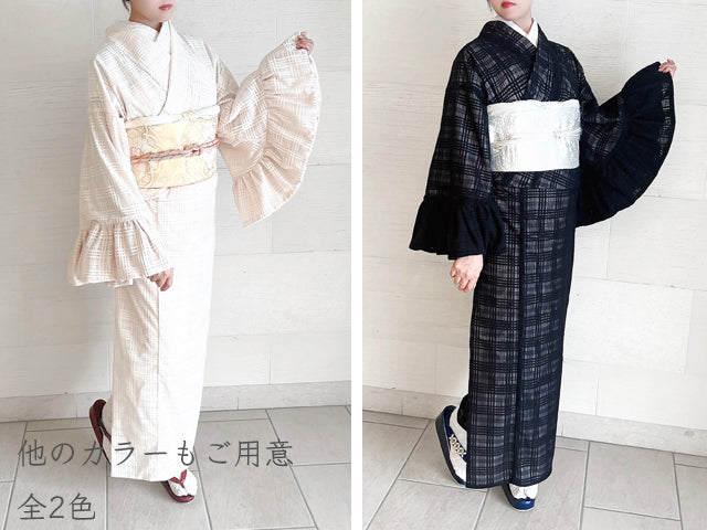平和屋本店●極上　小紋　チュールレース袷　フリル袖　格子　アイボリー　洗える着物　逸品　新品　MAAA0031mg