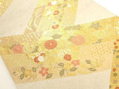 平和屋着物◎六通柄袋帯 短冊花文 金糸 正絹 逸品 AAAD0390ru