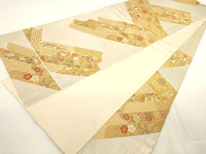 平和屋着物◎六通柄袋帯 短冊花文 金糸 正絹 逸品 AAAD0390ru