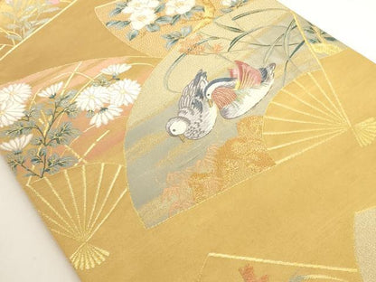 平和屋着物◎六通太鼓柄袋帯　扇面花鳥文　金糸　正絹　逸品　AAAD0391ru