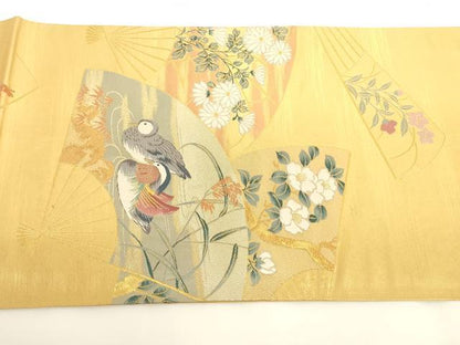 平和屋着物◎六通太鼓柄袋帯　扇面花鳥文　金糸　正絹　逸品　AAAD0391ru