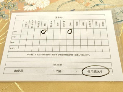 平和屋着物◎六通太鼓柄袋帯　扇面花鳥文　金糸　正絹　逸品　AAAD0391ru