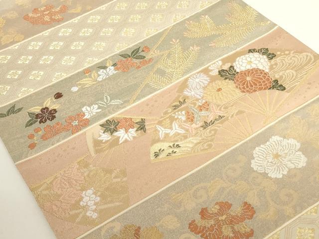 平和屋着物◎六通柄袋帯 扇面花文 金糸 正絹 逸品 AAAD0404ru