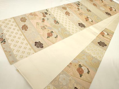 平和屋着物◎六通柄袋帯 扇面花文 金糸 正絹 逸品 AAAD0404ru