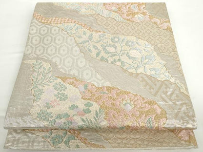 平和屋着物◎六通柄袋帯 流水花文 金銀糸 正絹 逸品 AAAD0425ru