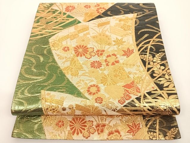 平和屋着物◎六通柄袋帯 扇面花文 黒地 金糸 正絹 逸品 AAAG6328Bwt