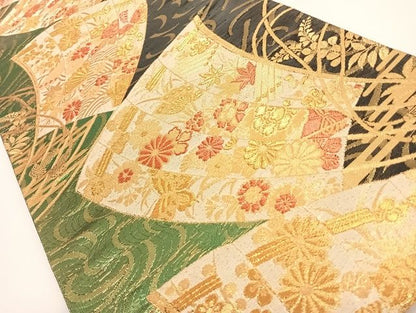 平和屋着物◎六通柄袋帯 扇面花文 黒地 金糸 正絹 逸品 AAAG6328Bwt