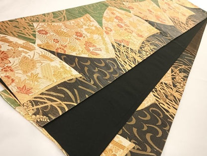 平和屋着物◎六通柄袋帯 扇面花文 黒地 金糸 正絹 逸品 AAAG6328Bwt