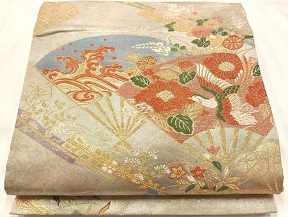 平和屋着物◎六通柄袋帯　唐織　扇面花鳥文　金銀糸　正絹　逸品　AAAK6604Bsa