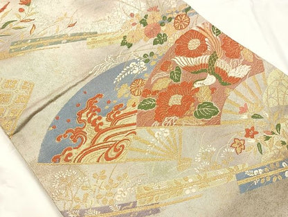平和屋着物◎六通柄袋帯　唐織　扇面花鳥文　金銀糸　正絹　逸品　AAAK6604Bsa
